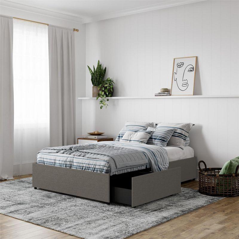 Full Grey Linen Upholstered Platform Bed with Storage Drawers