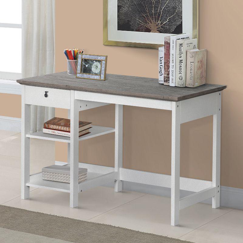 Crisp White and Oak Wood Grain Transitional Writing Desk with Drawer