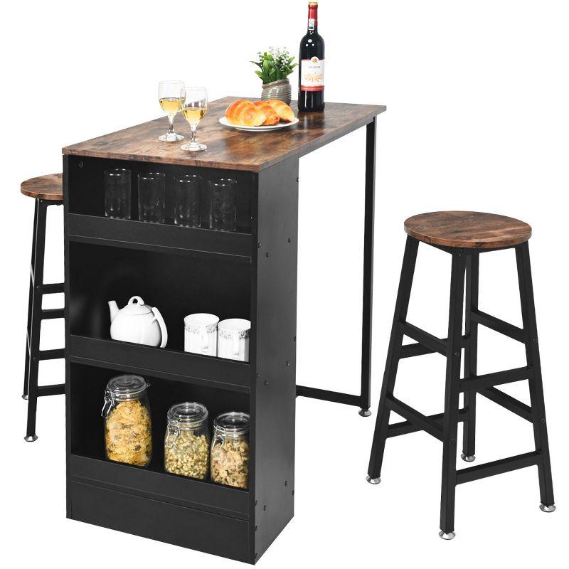 Costway 3 Pieces Bar Table Set Industrial Counter with Storage Black