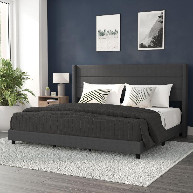 Flash Furniture King Size Upholstered Platform Bed with Wingback Headboard-Charcoal Faux Linen