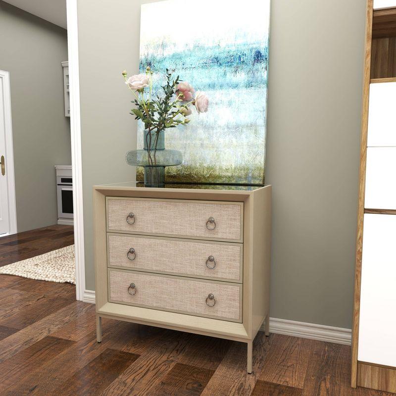 Imboden Wooden Upholstered Front Panel 3 Drawer Room Chest with Mirrored Top and Ring Handles