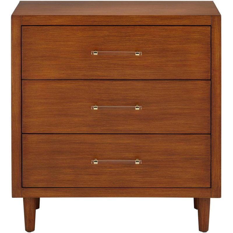 55 Downing Street Ollie 32" Wide Teak 3-Drawer Modern Cabinet with Crystal Handles