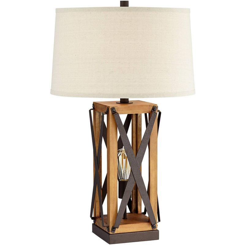 Bronze and Wood Farmhouse Table Lamp with Burlap Shade