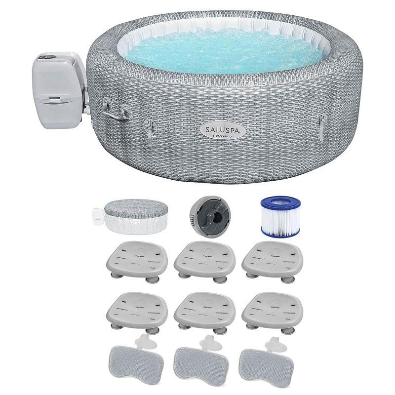 Bestway SaluSpa Honolulu AirJet Inflatable Hot Tub & 6 Pack SaluSpa Underwater Non Slip Pool/Spa Seat with Adjustable Legs & 6 Padded Headrest Pillows