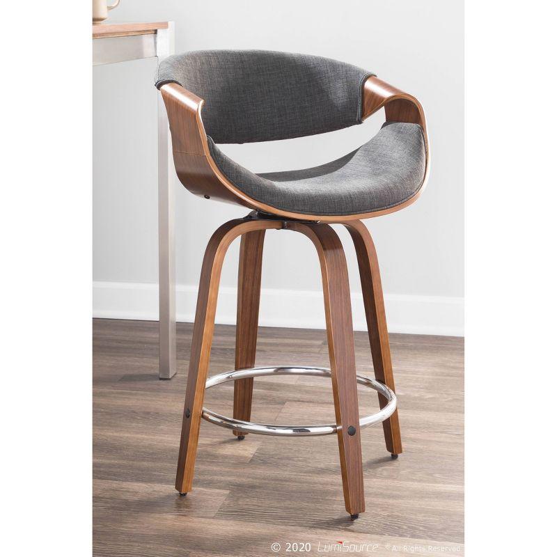 Set of 2 Curvini Upholstered Counter Height Barstools Charcoal/Walnut - LumiSource: Swivel, Chrome-Plated, Wood Legs