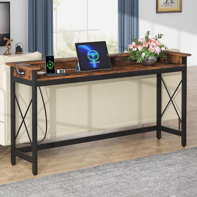 Tribesigns Sofa Table with Outlets and USB Ports, 70.9 inch Console Table, Industrial Entryway Hallway Accent Table for Living Room,Brown & Black