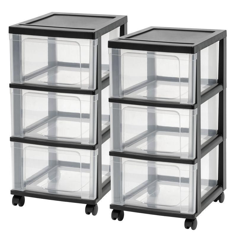 IRIS USA Set of 2 Plastic 3 Drawer Slim Narrow Storage Drawer Cart with 4 Caster Wheels for Home, Closet, Bedroom, Bathroom, Office, Laundry, Black
