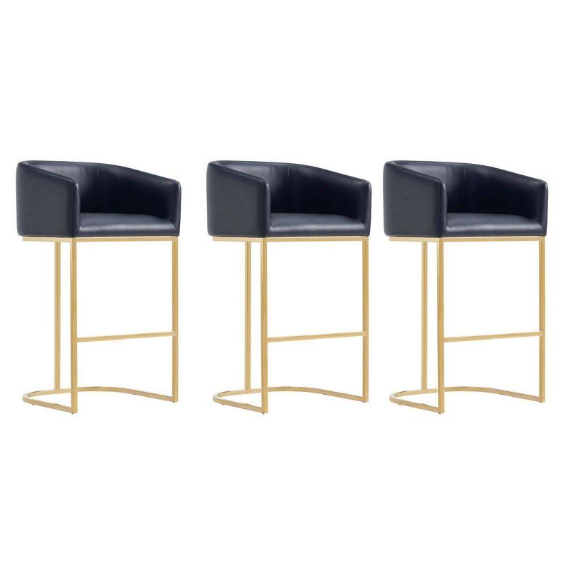 Set of 3 Black Leather and Gold Metal Barstools