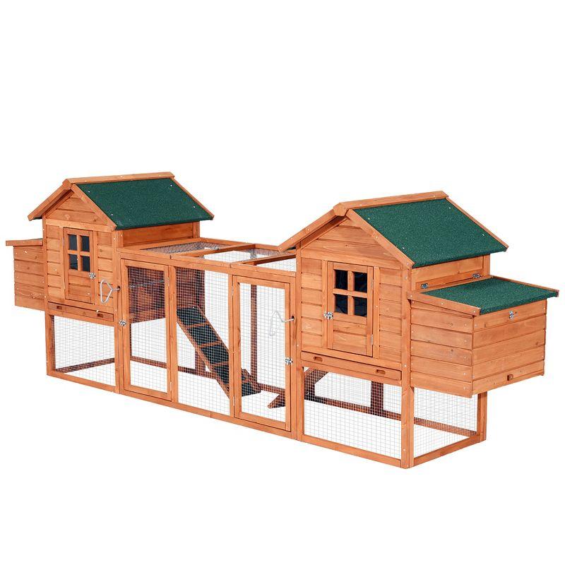 PawHut 124" Dual Chicken Coop, Wooden Large Chicken House, or Rabbit Hutch, Hen Poultry Cage Backyard with Outdoor Ramps and Nesting Boxes, Natural