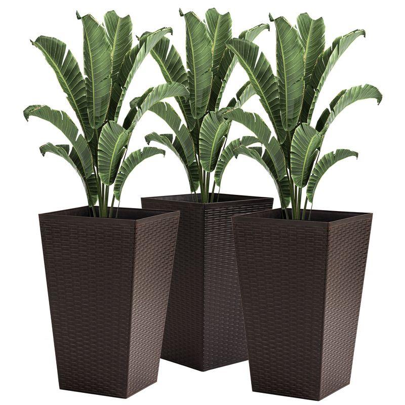 Set of 3 Tall Brown Rattan-Style Plastic Planters