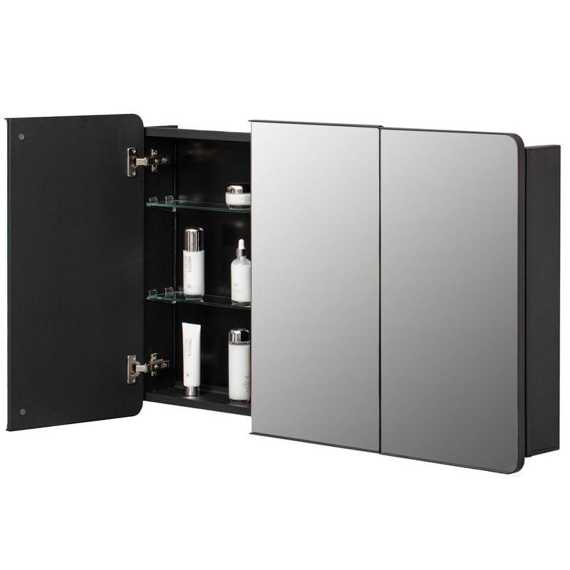 Basicwise 3-Door Aluminum Medicine Cabinet, Round Corner Frame, Surface or Recessed Mount, Mirrored Doors with Adjustable Glass Shelves, Matte Black
