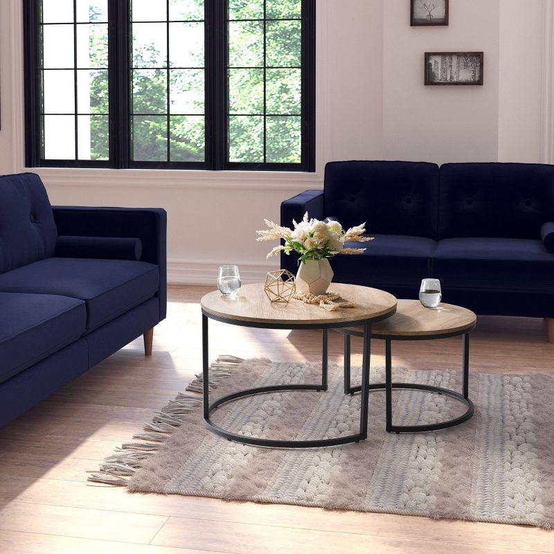 Set of 2 Wood Grain Finish Forth Worth Round Nesting Coffee Table Light Brown - CorLiving: Metal Legs, Small Space Design