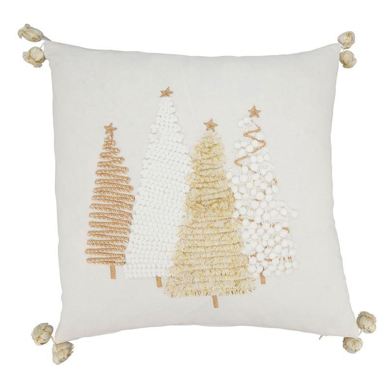 Gold and White Christmas Trees Square Throw Pillow with Pom-Pom Trim