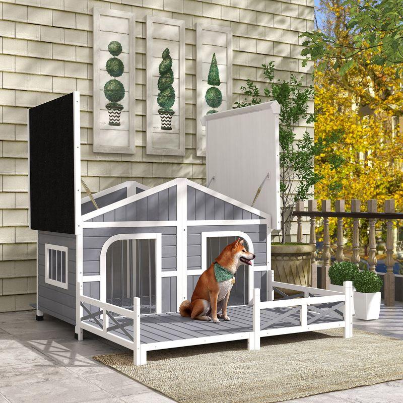 PawHut 59"x64"x39" Wood Large Dog House Cabin Style Elevated Pet Shelter w/Porch Deck