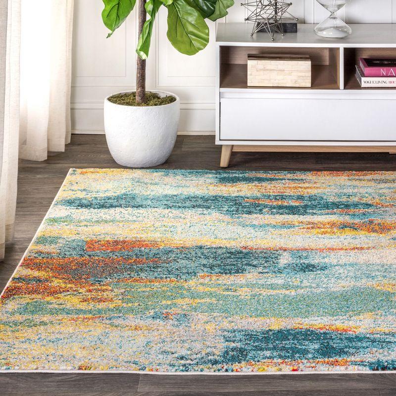 Aqua Splash Abstract 8' x 10' Easy-Care Synthetic Rug in Blue/Cream/Yellow