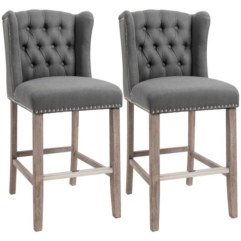 Dark Grey Upholstered Wingback Bar Stools with Wood Legs, Set of 2