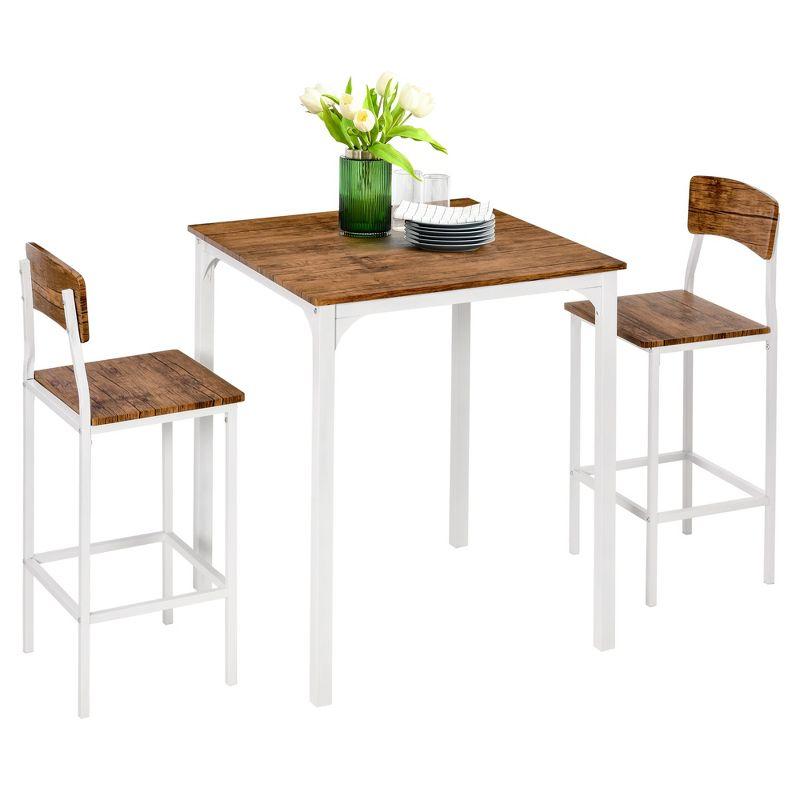 HOMCOM 3 Piece Bar Table and Chairs Set, Industrial Small Dining Table Set for 2, Square Kitchen Table and Stools, Walnut and White