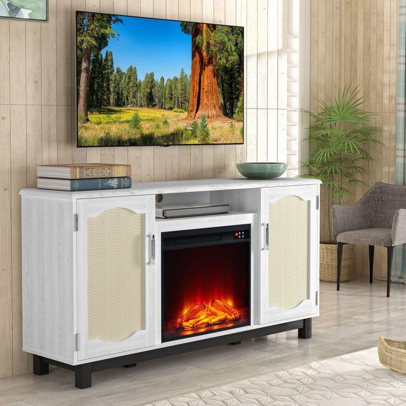 Fabric Style TV Stand for TVs up to 63'' with Electric Fireplace White - Festivo: Media Console, Storage Shelves