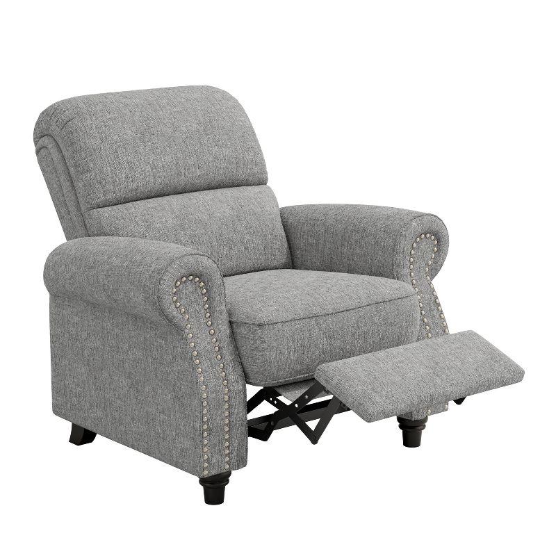 Gray Chenille Bustle-Back Recliner with Nailhead Trim