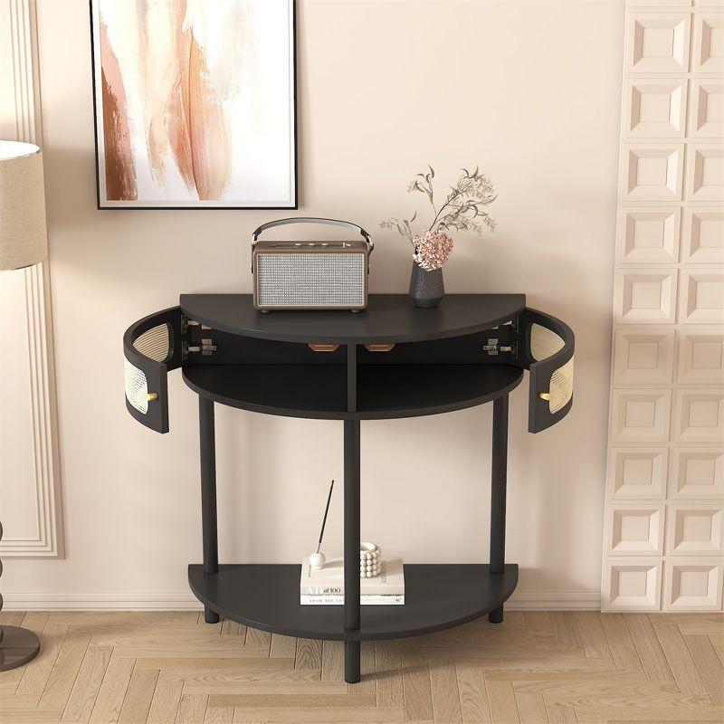 Black MDF Round End Table with Rattan Storage