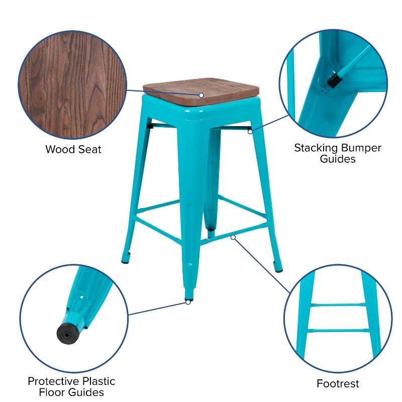 Emma and Oliver 24" High Metal Counter-Height, Indoor Bar Stool with Wood Seat in Teal - Stackable Set of 4
