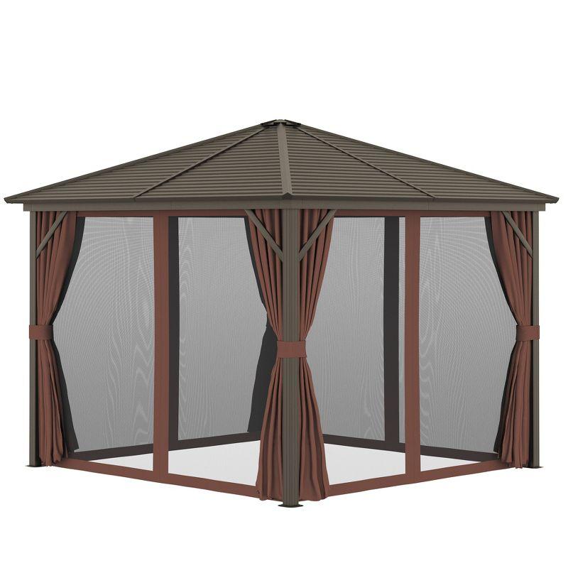 Outsunny 10x10 Hardtop Gazebo with Aluminum Frame, Permanent Metal Roof Gazebo Canopy with Curtains and Netting for Garden, Backyard, Dark Brown