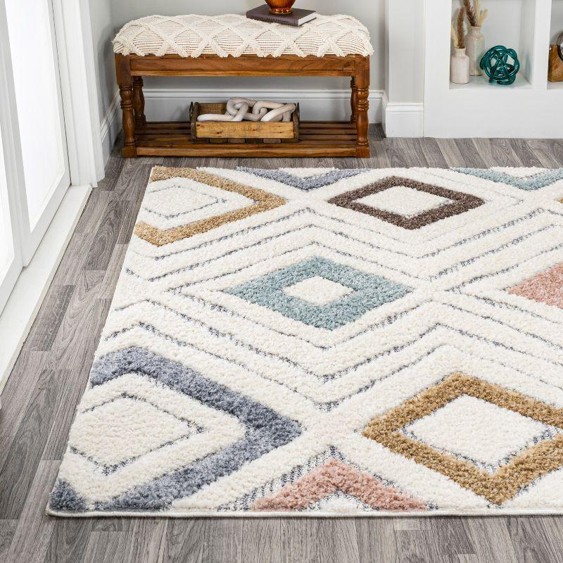 Ivory and Multicolor Geometric Diamond High-Low Area Rug