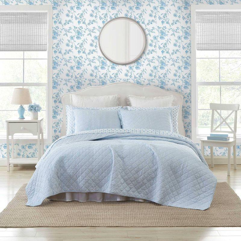 Laura Ashley Oxford Stripe Blue Cotton Reversible Quilt Set