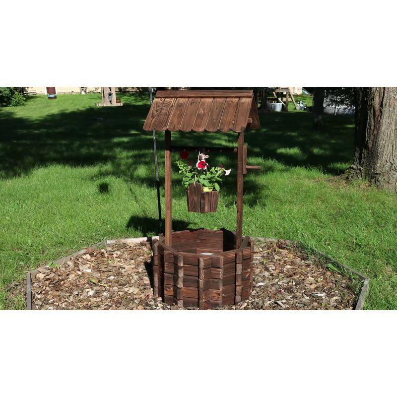 Sunnydaze Outdoor Fir Wood Wishing Well Garden Planter with Hanging Flower Bucket for Garden or Yard - 45" H - Brown