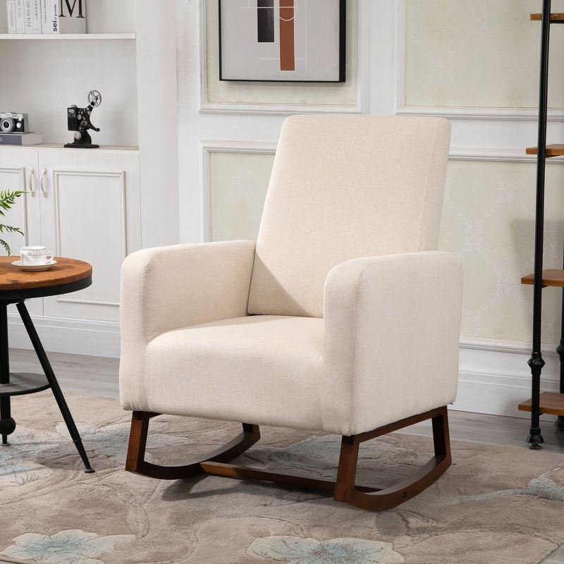 Cream White Linen Rocking Chair with Curved Wood Base