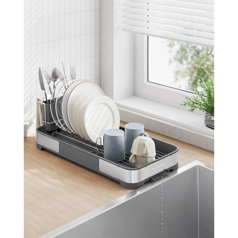 SONGMICS Dish Drying Rack, Dish Dryer for Kitchen Counter, Stainless Steel Dish Rack with Drain, Utensil Holder, Rustproof Gray