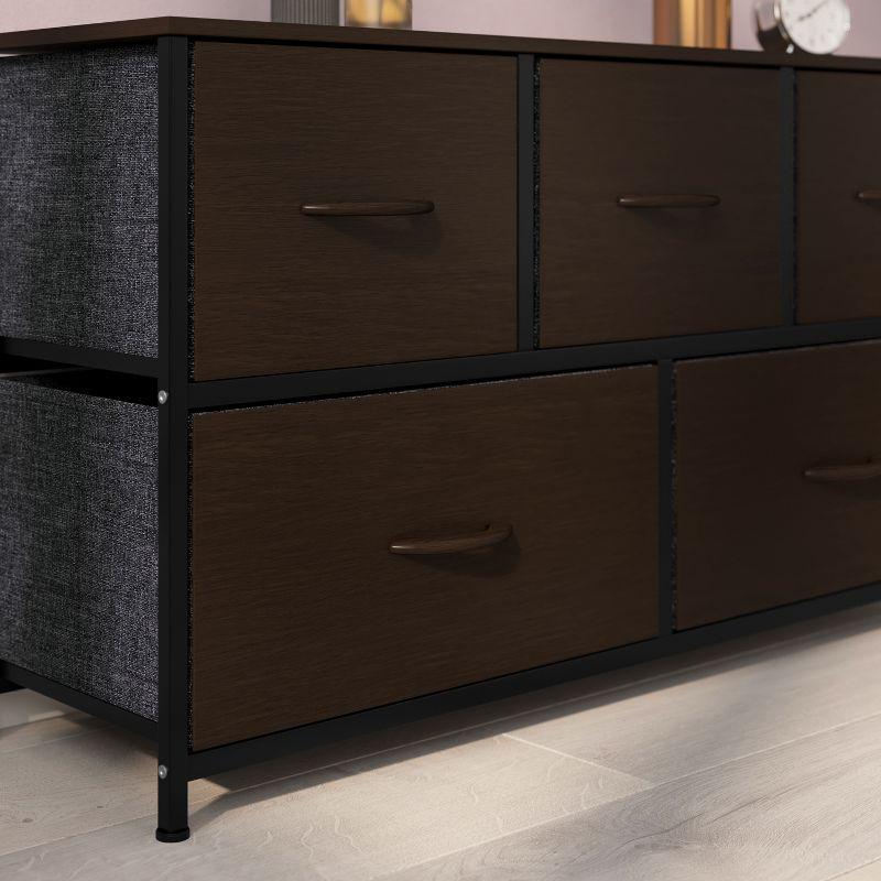 Emma and Oliver 5 Drawer Storage Dresser with Black Cast Iron Frame, Brown Wood Top and Brown Easy Pull Engineered Wood Drawers with Wooden Handles