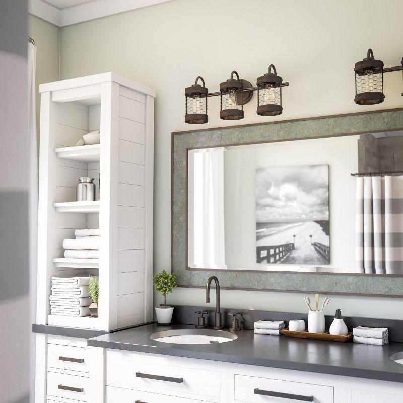 Co-t Kenroy Home Industrial Farmhouse 3-Light Bath Vanity Fixture With Chicken Wire Mesh Shades & Distressed Wood Accents