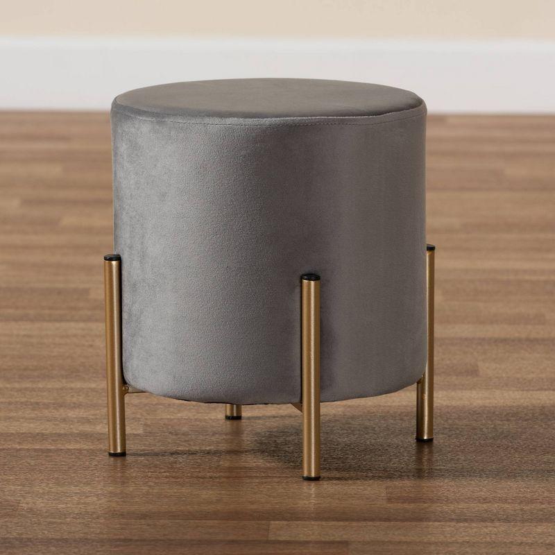 Luxe Grey Velvet and Gold Metal Round Ottoman