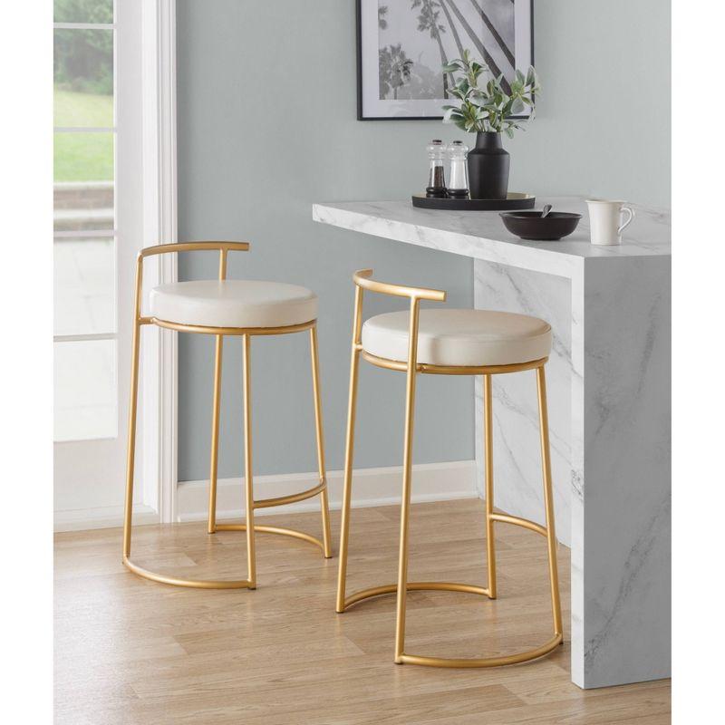 Set of 2 White Leather and Gold Metal Counter Stools