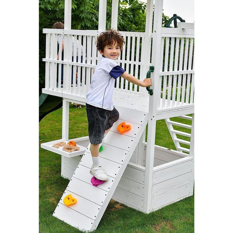 Avenlur Craftsman Swing Set: Montessori-style outdoor play with slide, clubhouse, gym bar, rock climb wall, and more! ASTM certified. Ages 3-11yrs.