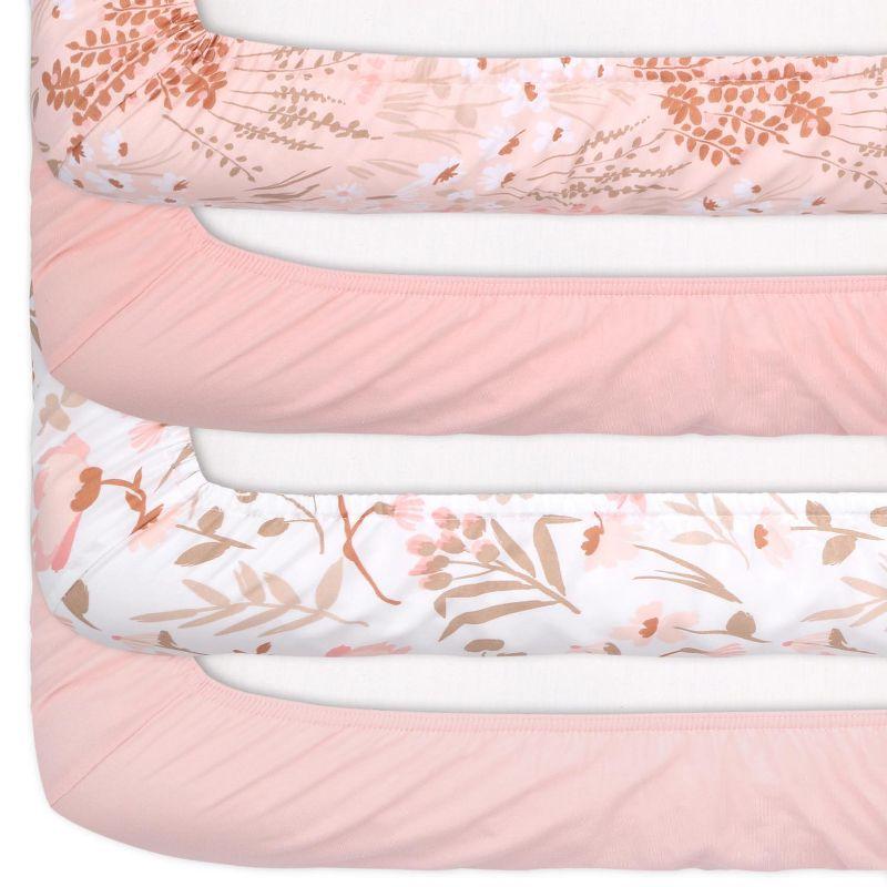 The Peanutshell Pink Whimsical Floral Microfiber Crib Sheets for Baby Girl, 4 Pack Set