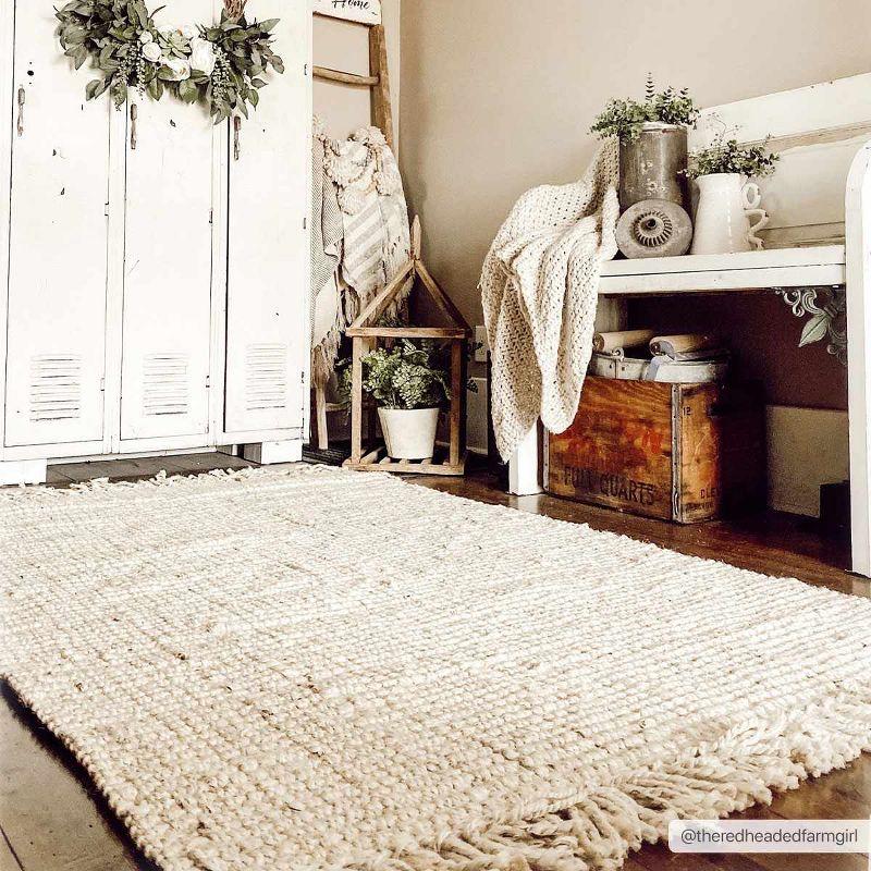 Beige Handwoven Jute Area Rug with Natural Fringe, 3' x 5'