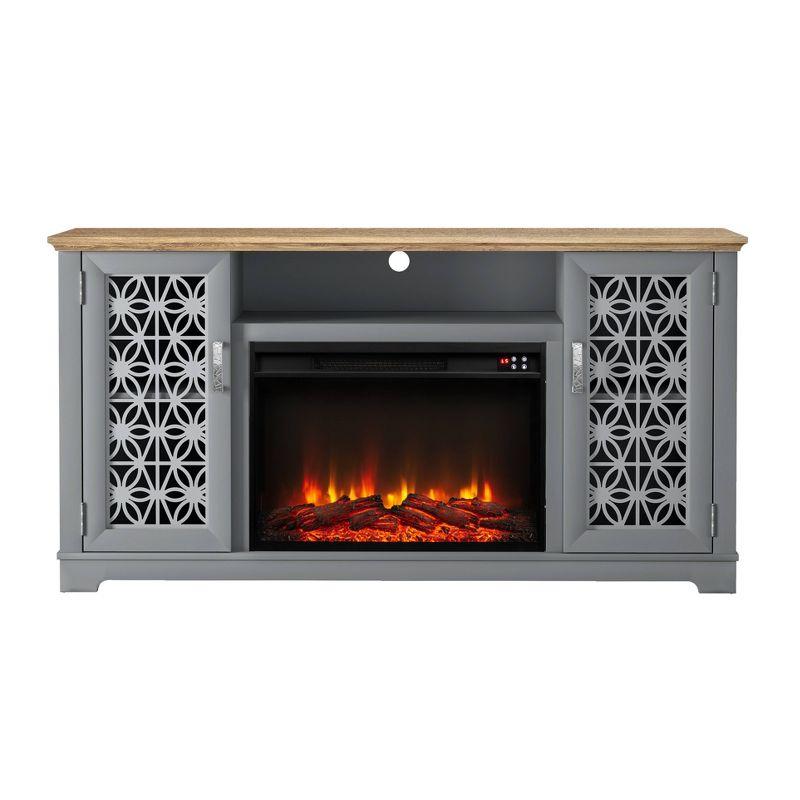 Gray Farmhouse TV Stand with Electric Fireplace and Cabinet