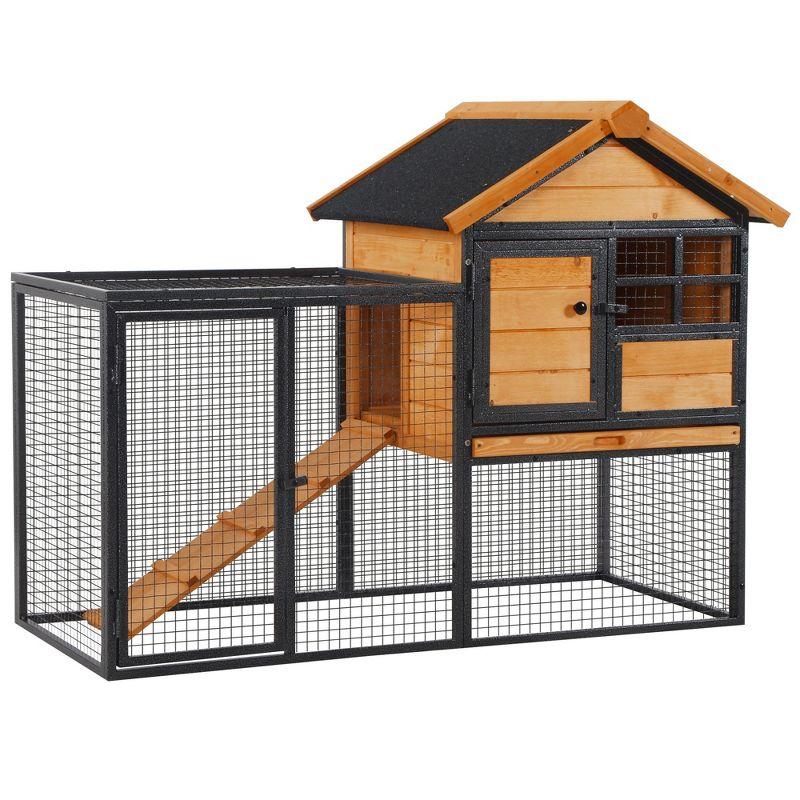 Natural Fir Wood and Metal 2-Level Rabbit Hutch with Asphalt Roof