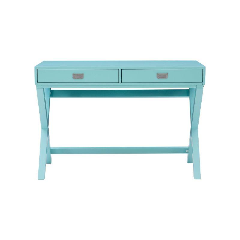 Peggy Transitional Campaign Wood Writing Desk with Drawers Blue - Linon: Silver Hardware, X-Framed Legs, Pine Frame