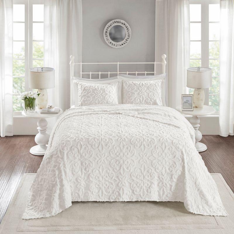 Vintage Medallion King Cotton Chenille Bedspread Set, White