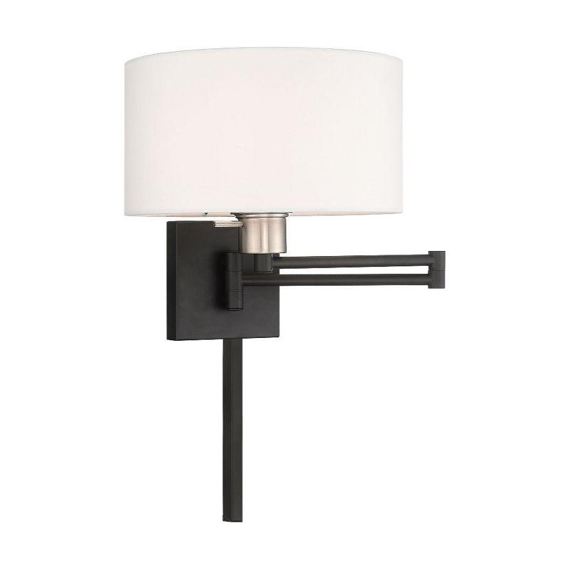 Sleek Transitional Black Swing Arm Wall Lamp with Off-White Fabric Shade