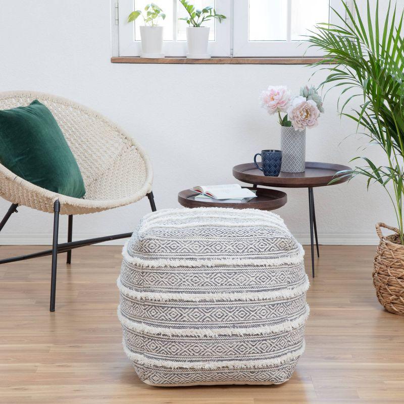 Portales Moroccan Inspired Pouf Gray/Ivory - Anji Mountain: Cotton & Wool Blend, Footrest, Fair Trade Certified