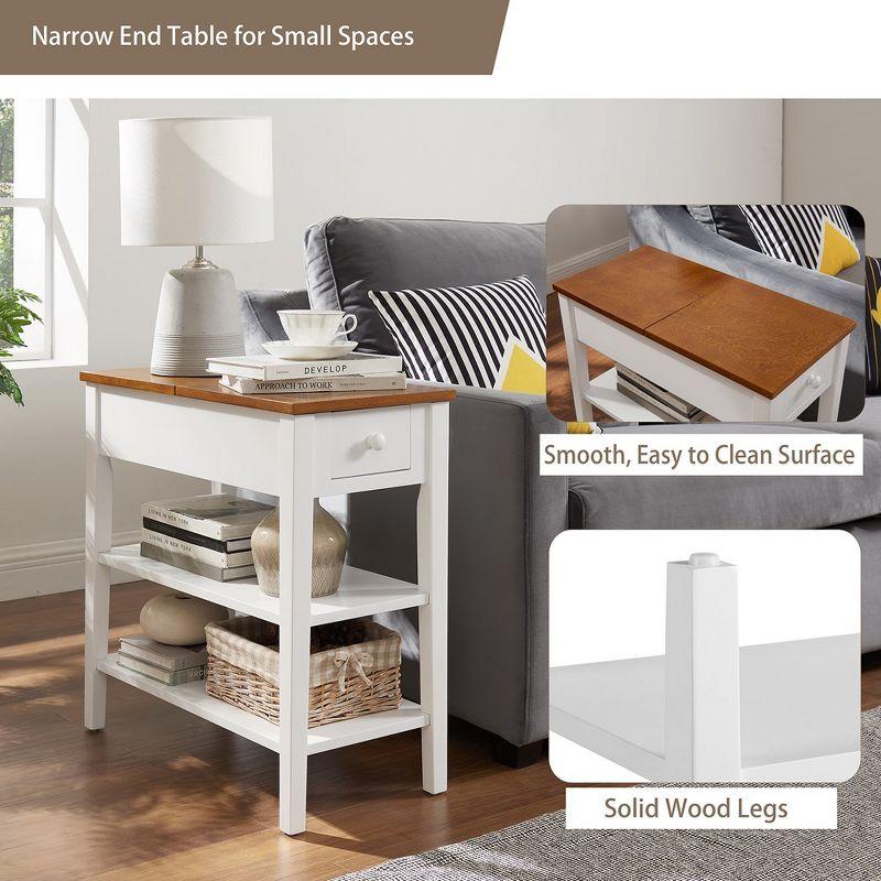 Narrow End Table with Charging Station, Side Table with 2 USB Ports & 2 Outlets, Nightstand Sofa Bedside Table with 2 Open Storage Shelves & Drawer