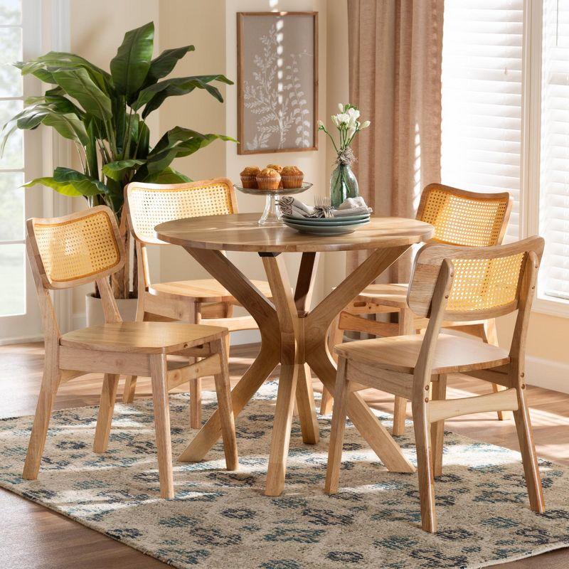 Mid-Century Modern Oak and Rattan 5-Piece Dining Set