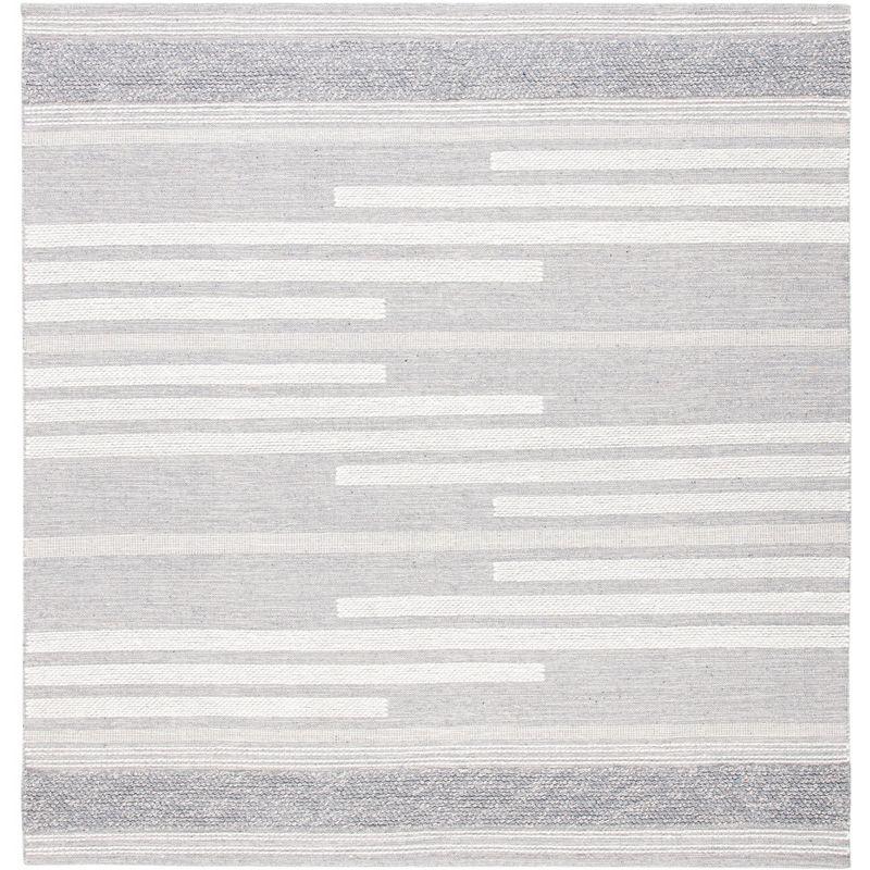 Gray and White Striped Kilim Wool-Cotton Square Rug