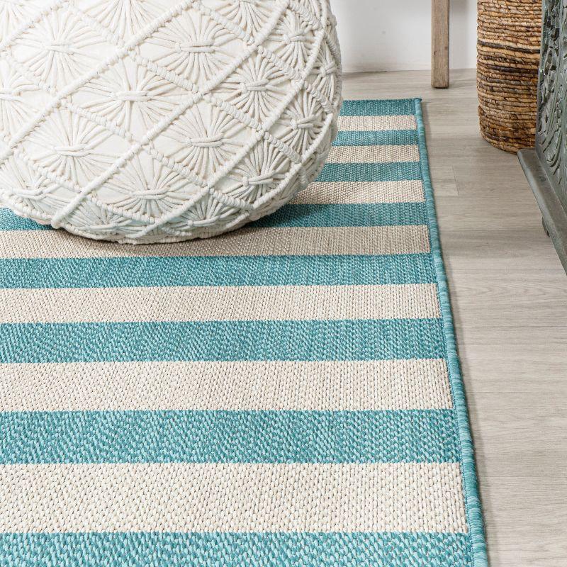 Aqua and Cream Wide Stripe Synthetic Indoor/Outdoor Rug 3x5