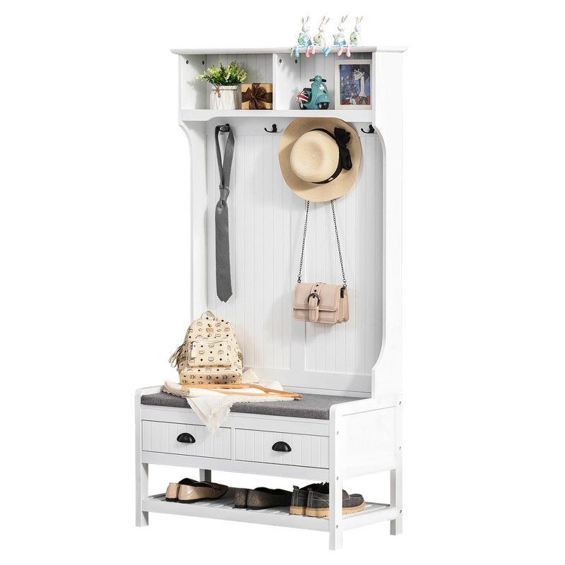 HOMCOM Coat Rack and Bench Hall Tree Organizer with 4 Hooks, 2 Drawers with Padded Seat Cushions for Entryway, White