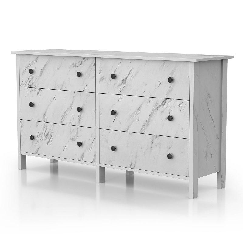 White Faux Marble 6-Drawer Dresser with Black Knobs